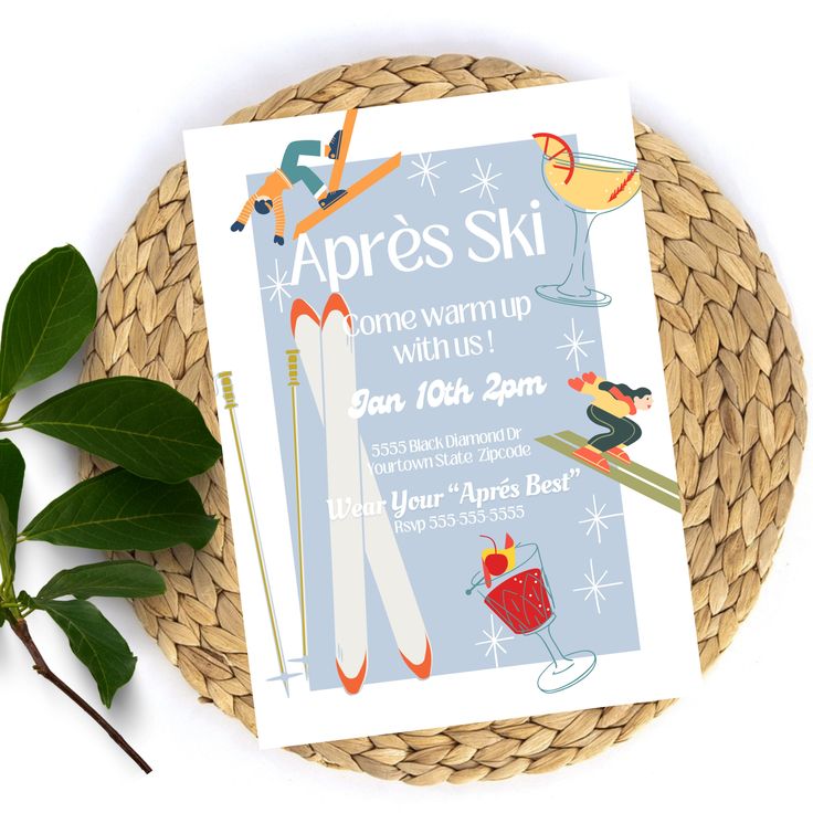 a card with skis and drinks on it sitting next to a leafy plant