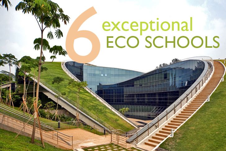 an aerial view of a building with stairs leading up to it and the words, 6 exceptional eco schools