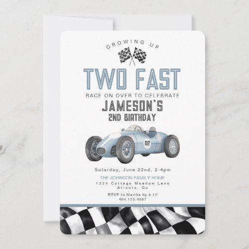 a race car birthday party card with the words two fast on it's front