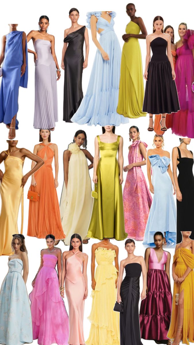 many different types of dresses on display in front of a white background with the same woman's face