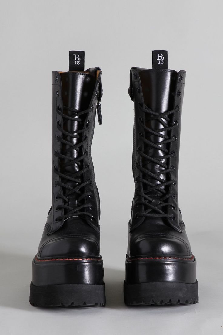 MADE IN ITALY Color: Black Handmade Leather Combat Boot Lightweight Stacked Sole Stacked Sole Lace up boot Zipper closure on side Signature Orange stitching & Ecru embroidered Pull Tab Pull Tabs on Back of Shank 100% Leather R13S0226-001 Black Platform Boots, Harness Boots, Combat Boot, Denim Shoes, Chunky Boots, Pretty Shoes, Shoe Obsession, Platform Boots, Shoe Sale