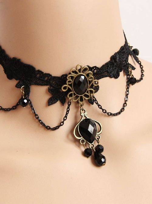 Black Woven Flowers Lace Gothic Lolita Necklace Black Lace Choker Necklace, Gothic Choker Necklace, Vampire Necklace, Black Lace Choker, Black Diamond Necklace, Gothic Chokers, Choker Collar Necklace, Black Gems, Gothic Design