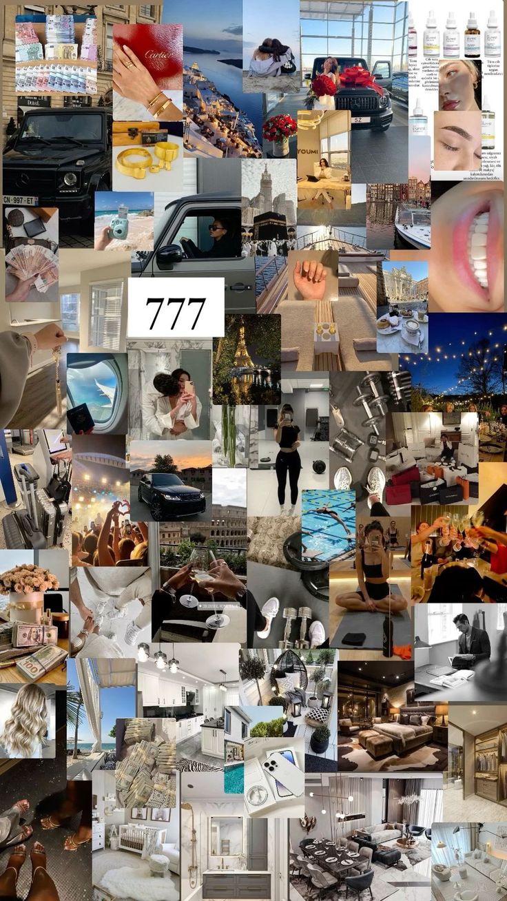 a collage of photos with people and cars in them, including the words 777