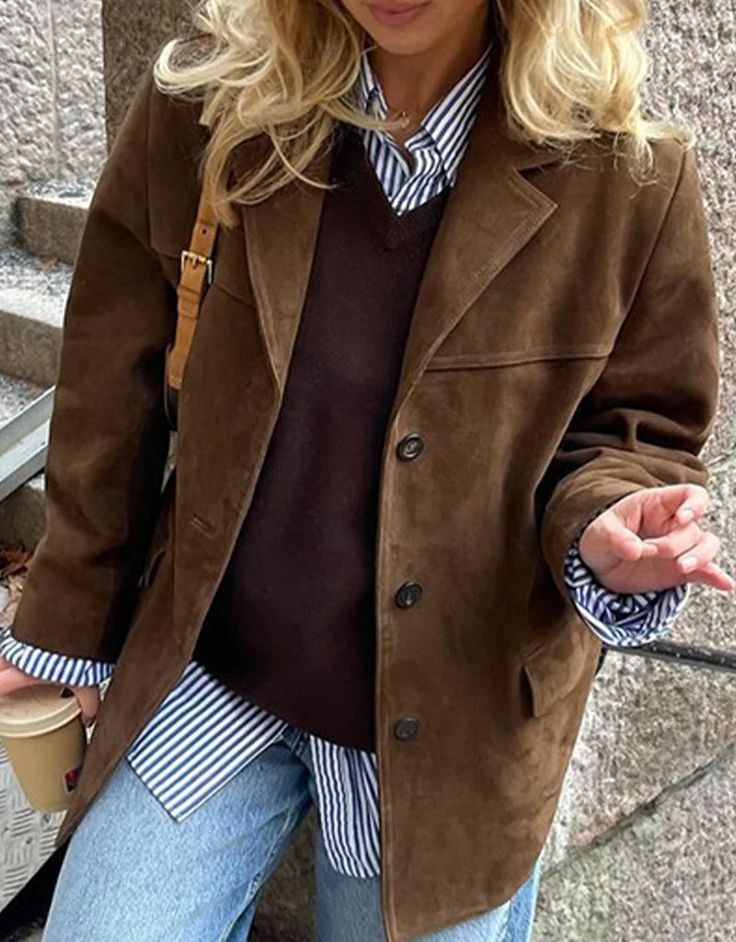 Casual Street Buttons Turndown Collar Outerwear Suede Jacket Outfit, 2025 Style, Leather Blazer Women, Suede Jacket Women, Leather Blazer Jacket, Bear Outfits, Faux Suede Jacket, Turndown Collar, Oversized Jacket