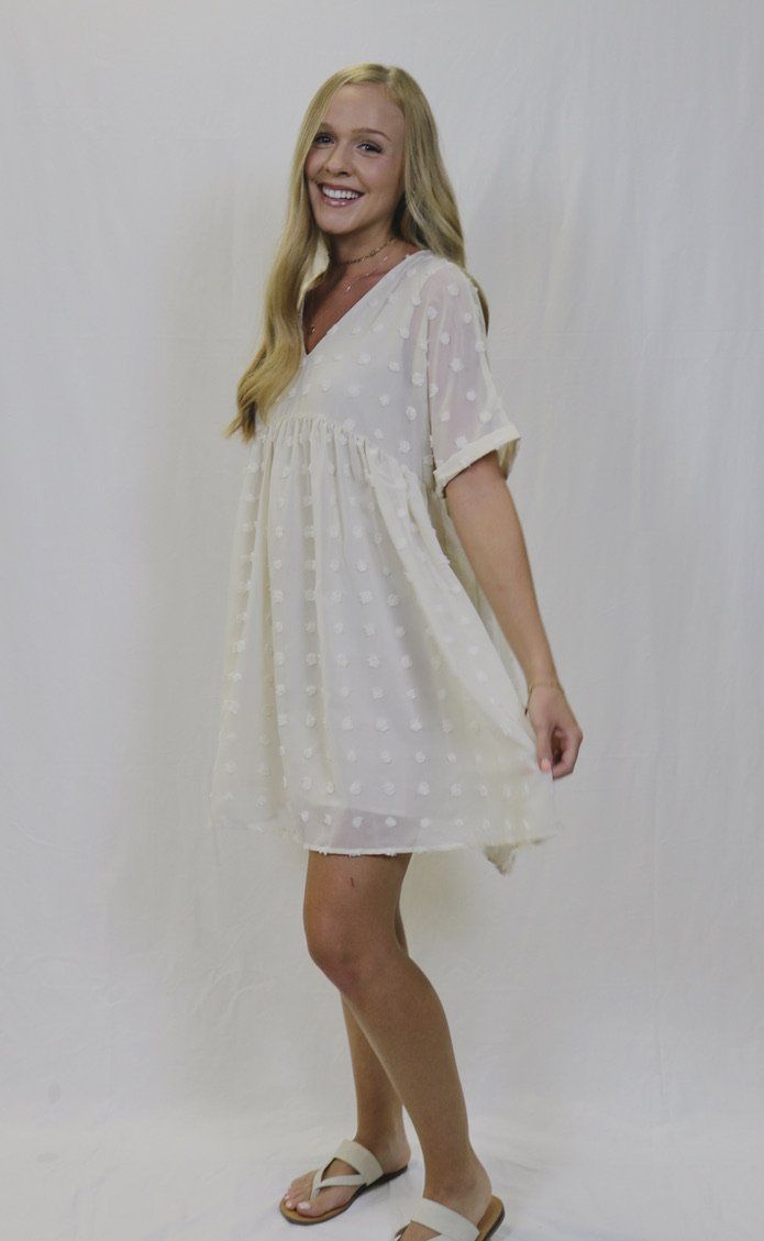 This white ruffle polka dot dress is great for a Sunday brunch! Model is wearing a size small. Sunday Brunch, Polka Dot Dress, Dot Dress, Polka Dot, Polka Dots, White Dress, Dress Up, How To Wear, White