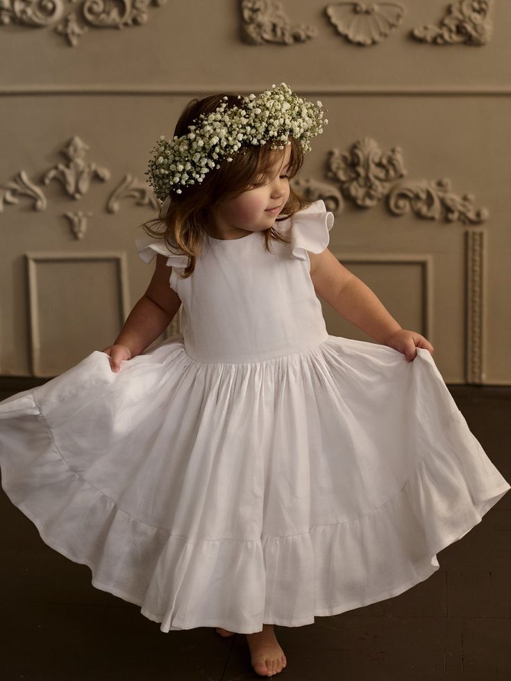 Christening Dress for Baby Girl, Boho Baptism Dress, White Linen Flower Girl Dress in Boho - Etsy Flower Girl Linen, Fitted Princess Dress With Ruffles, Summer Wedding Princess Dress With Ruffles, Summer Princess Dress For First Communion, Ruffled Princess Dress For Garden Party, Flutter Sleeve Dress With Ruffles For Wedding, Elegant Summer First Communion Dress, Summer Princess Dress With Ruffles For Garden Party, Summer Garden Party Princess Dress With Ruffles