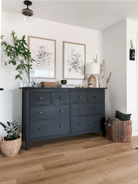 a black dresser with two pictures on the wall and plants in baskets next to it