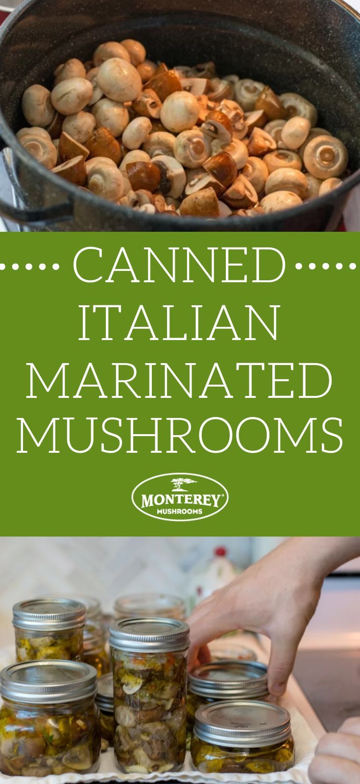 canned italian marinated mushrooms in jars with text overlay