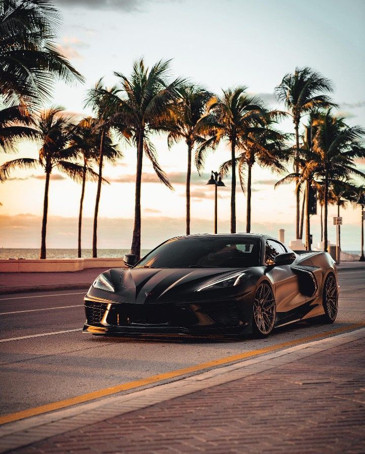 a black sports car parked on the side of the road next to some palm trees