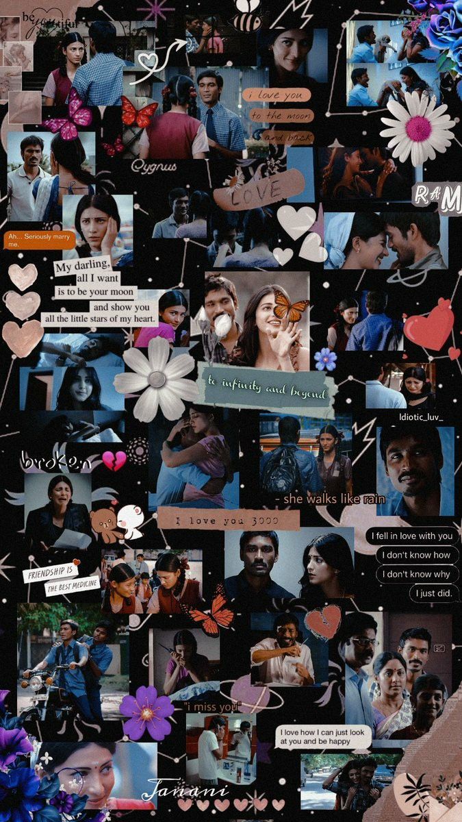 a collage of photos with hearts, flowers and other things on the side of it