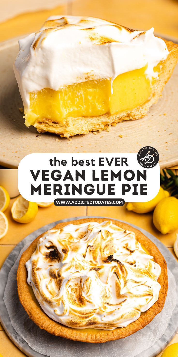 vegan meringue pie with lemon crud filling. Vegan Lemon Pie Filling, Lemon Vegan Dessert, Vegan Lemon Pie, Healthy Lemon Meringue Pie, Vegan Lemon Tart, Vegan Lemon Meringue Pie, Vegan Lemon Curd Tart, Vegan Lemon Meringue, Buttery Flaky Pie Crust