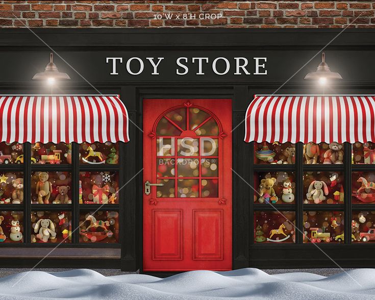 Village Toy Store - HSD Photography Backdrops Christmas Toy Store, Store Photography, Christmas Toy Shop, Santa Toys, Christmas Photography Backdrops, Diy Christmas Village, Christmas Props, Shop Doors, Christmas Backdrops