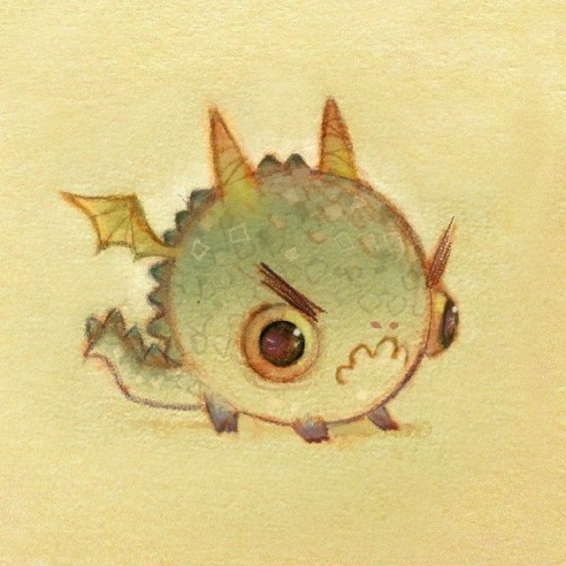 a drawing of a little dragon with big eyes