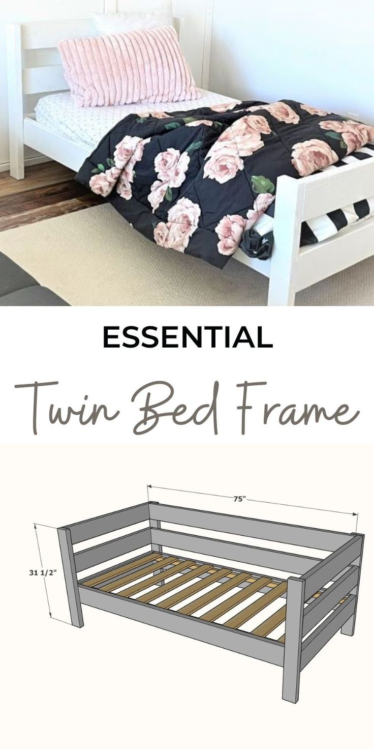 the bed frame is made out of wood and has been painted white with pink flowers on it