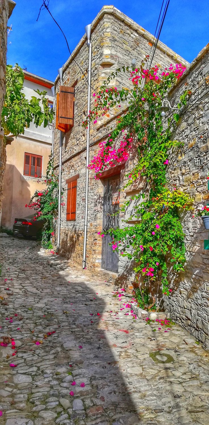 an old stone building with pink flowers growing on it