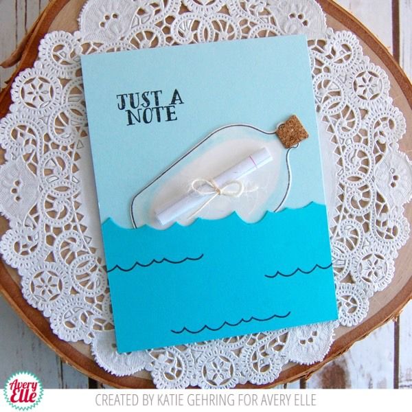 a greeting card with a message in a bottle on top of a lace doily