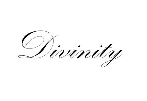 the word divinity written in cursive writing on a white background with black ink