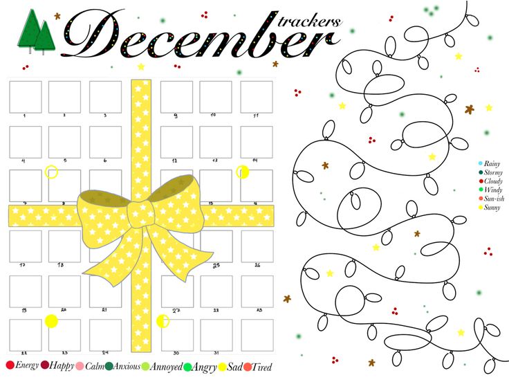 the december calendar with a yellow bow on it, and a tree in the background