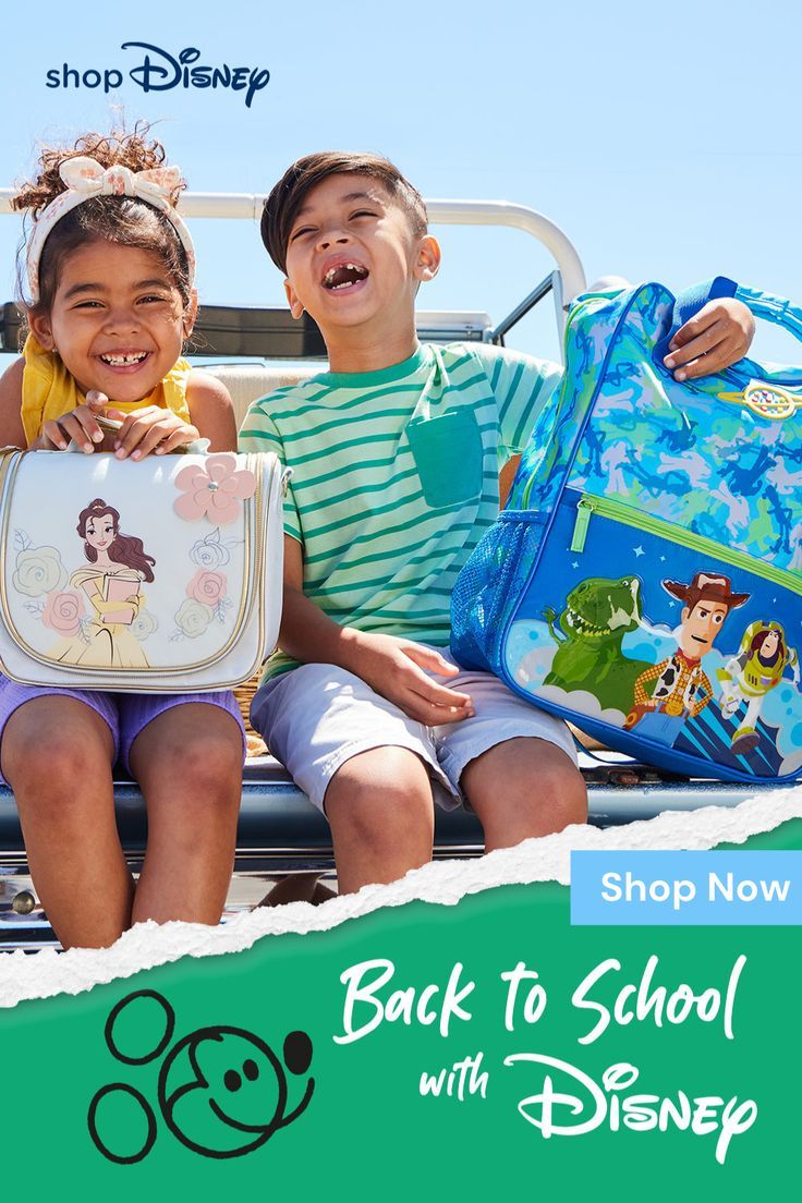 Young girl and boy sitting on the back of a truck with Belle lunch box and Toy Story backpack. Back To School Videos, Disney Office, Foccacia Bread, Ad Inspiration, Shop Disney, Go Back To School, Crafts Videos, School Videos, Back To School Essentials