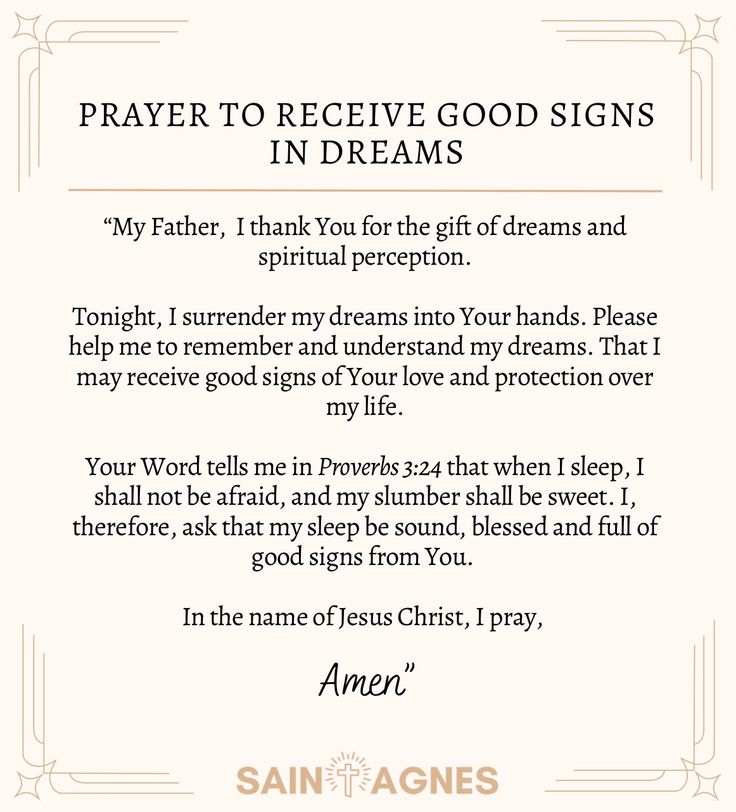 a prayer card with the words, prayer to receive good signs in dreams