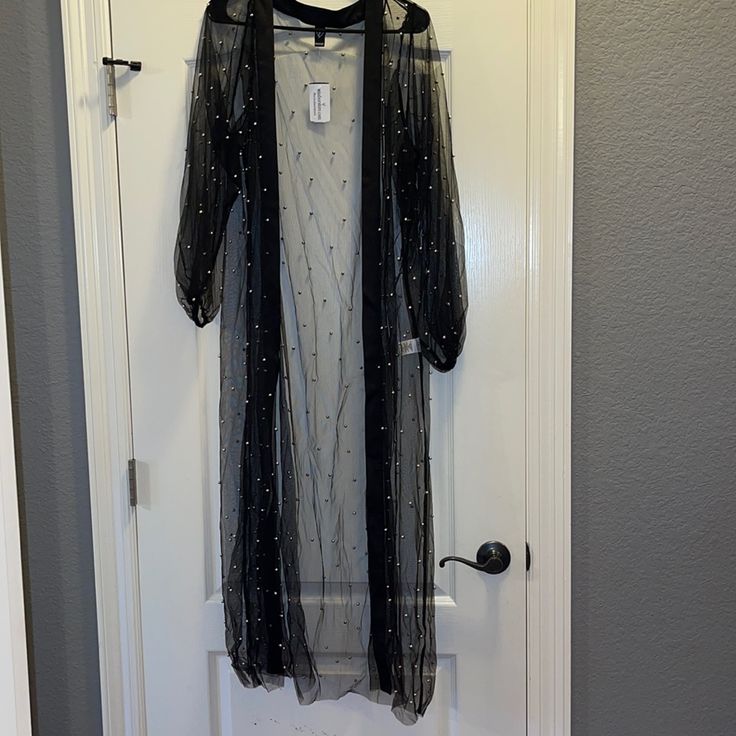 Never Worn Black Mesh Cardigan With Pearls Black Long Outerwear For Evening, Black Long Evening Outerwear, Winter Night Out Open Front Outerwear, Spring Evening Cardigan, Fall Black Cardigan For Night Out, Black Open Front Winter Outerwear, Black Cardigan For Party In Fall, Black Open Front Cardigan For Fall, Black Cardigan For Night Out In Fall