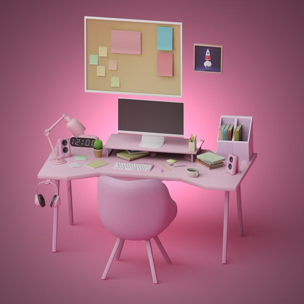 a pink desk with a computer on it