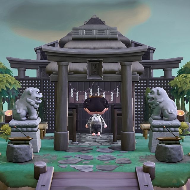 an animated image of a person standing in front of some stone statues and a building