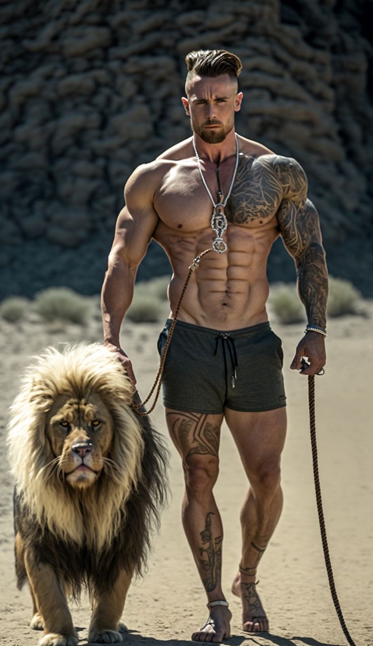 a shirtless man with a lion on a leash walks in the sand next to him