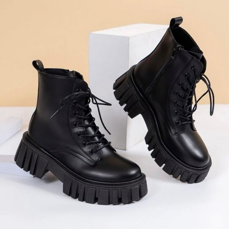 Mid Heel, Polyester, Round Toe Lace Up Boot Grunge Shoes, Chunky Combat Boots, Platform Combat Boots, Dr Shoes, Womens Combat Boots, Combat Boot, Zipper Boots, Boots Women Fashion, Motorcycle Boots