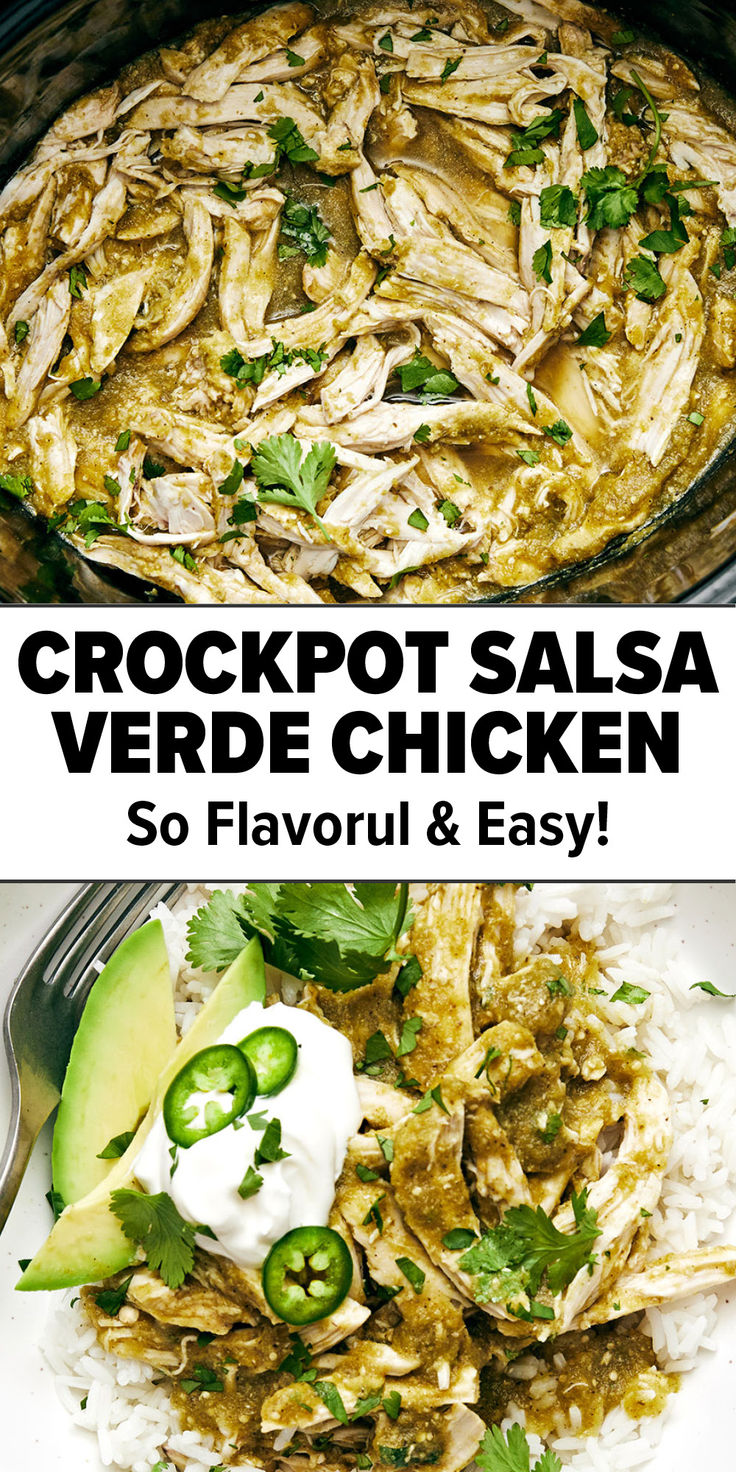 Crockpot salsa verde chicken Slow Cooker Chicken Salsa Verde, Slow Cooker Chicken Chili Verde, Salsa Verde Shredded Chicken, Half Baked Harvest Crockpot Dinners, Healthy Crockpot Pulled Chicken, Low Calorie Dinner Crockpot, How To Use Salsa Verde, Crockpot Chicken Verde Recipes, Slow Cooker Chicken Shredded