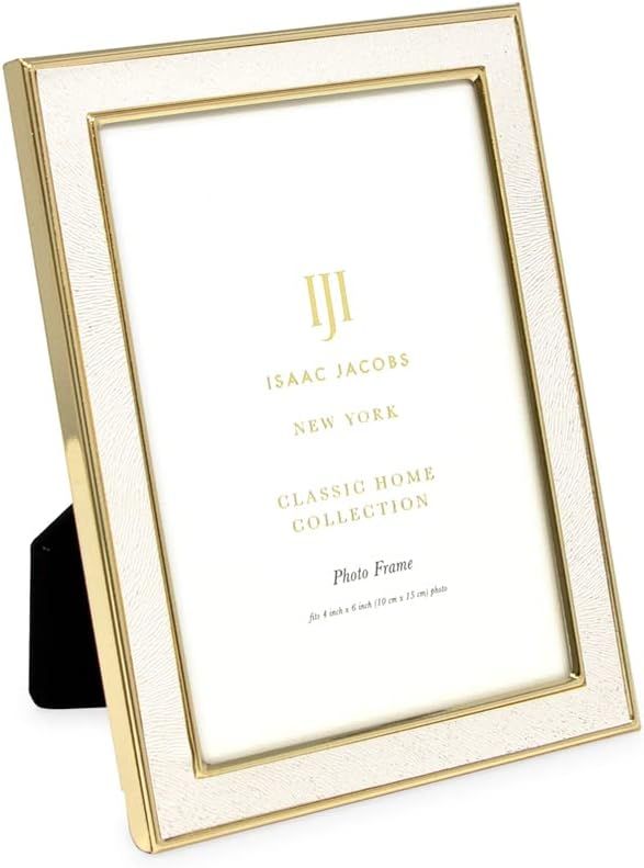 a white and gold frame with the letter j on it's front side, is shown