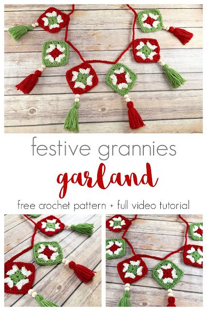 the crochet pattern for festive granny's garlands is shown in red, green and white