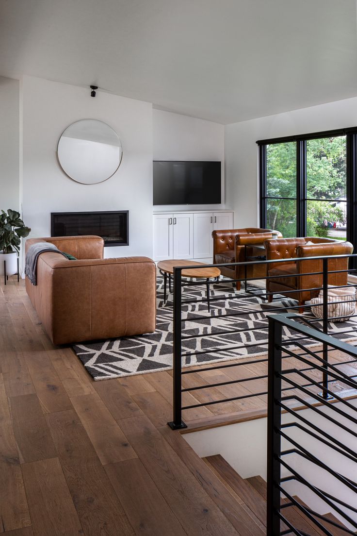 a living room filled with furniture and a flat screen tv on top of a wall