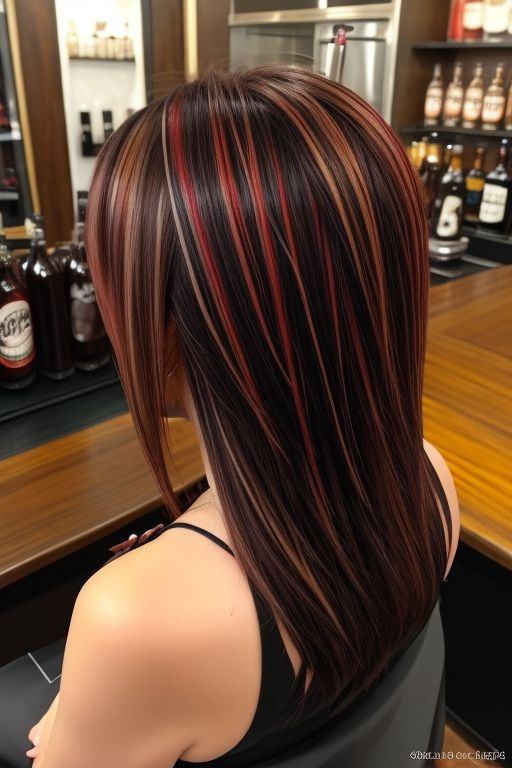 Red Hair Ideas With Highlights, Brown Red Highlights On Black Hair, Red Black And Blonde Hair Color Ideas, Red Brown Black Hair, Hair Dye Ideas Wavy Hair, Colored Hair Ideas For Brunettes, Hair Color Ideas Fair Skin, Caramel Chunky Highlights, Peek A Boo Highlights On Dark Hair