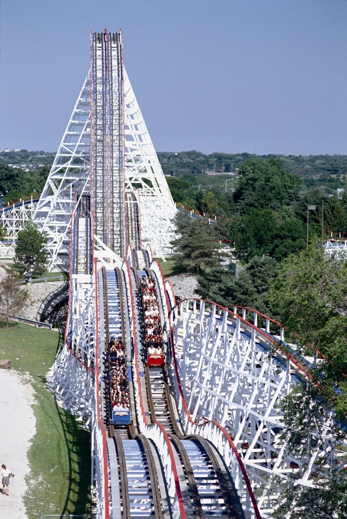 an aerial view of the roller coaster at six flags amusement park in virginia, usa