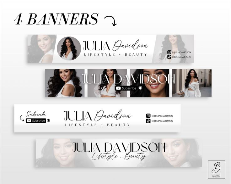 four banners with different types of women's hair and makeup products on them, all in