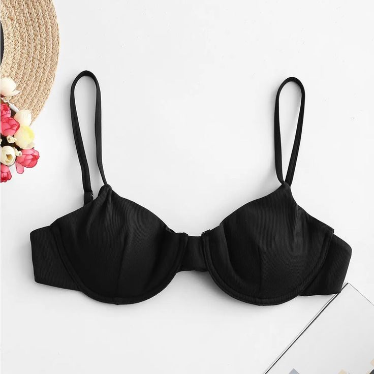 Nwt Zaful Ribbed Bikini Top With Underwire. Black Seamless Push-up Swimwear, Seamless Push-up Swimwear For Beach, Black Padded Underwire Swimwear, Padded Black Swimwear For Summer, Black Padded Swimwear For Summer, Black Padded Beachwear Swimwear, Beach Push-up Bra In Solid Color, Solid Color Push-up Bra For Beach, Beach Push-up Bra