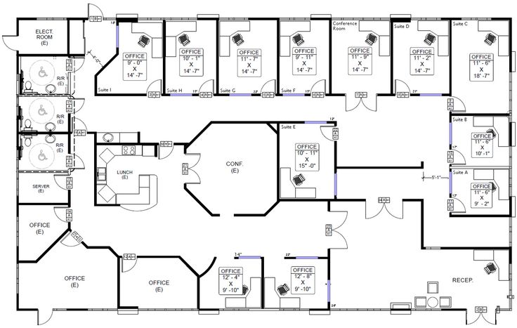 an office floor plan with several desks and chairs