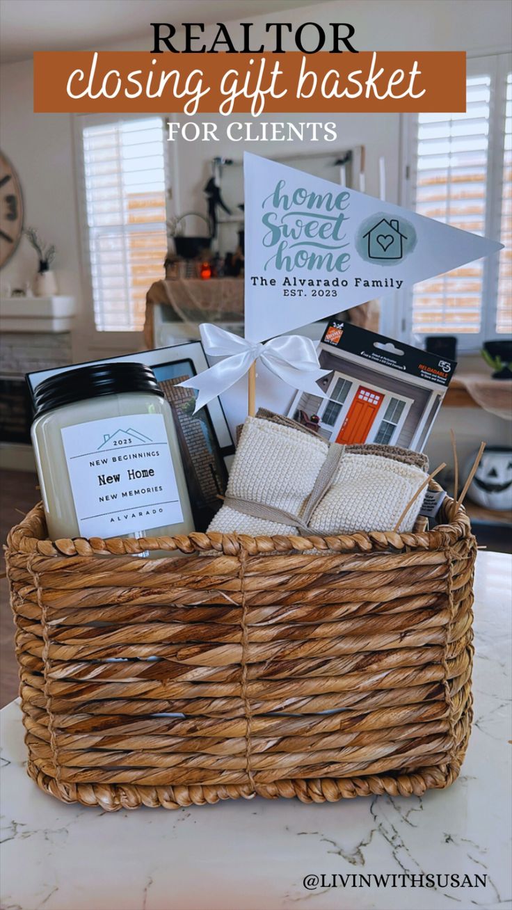 a basket filled with books and other items sitting on top of a table next to a clock