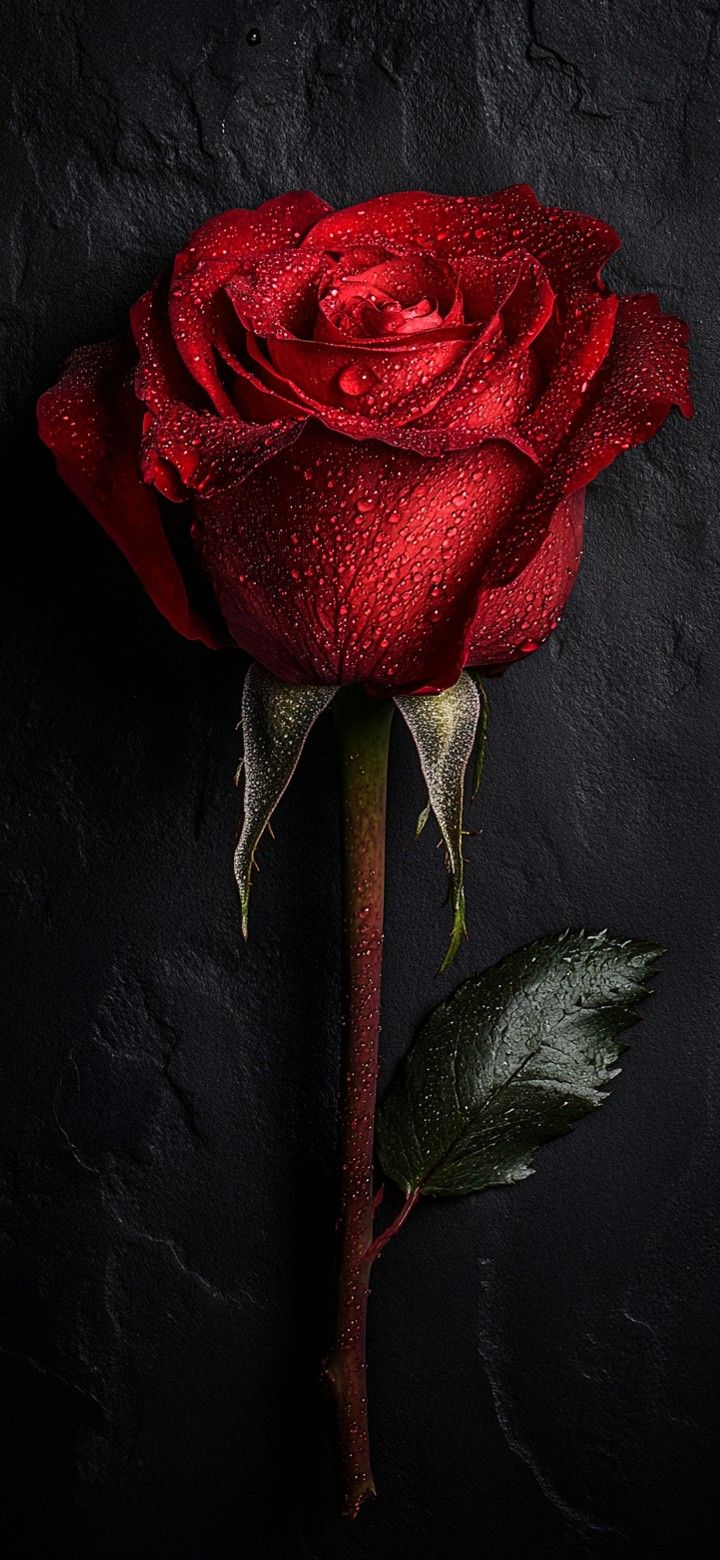 a single red rose with water droplets on it's petals, against a black background