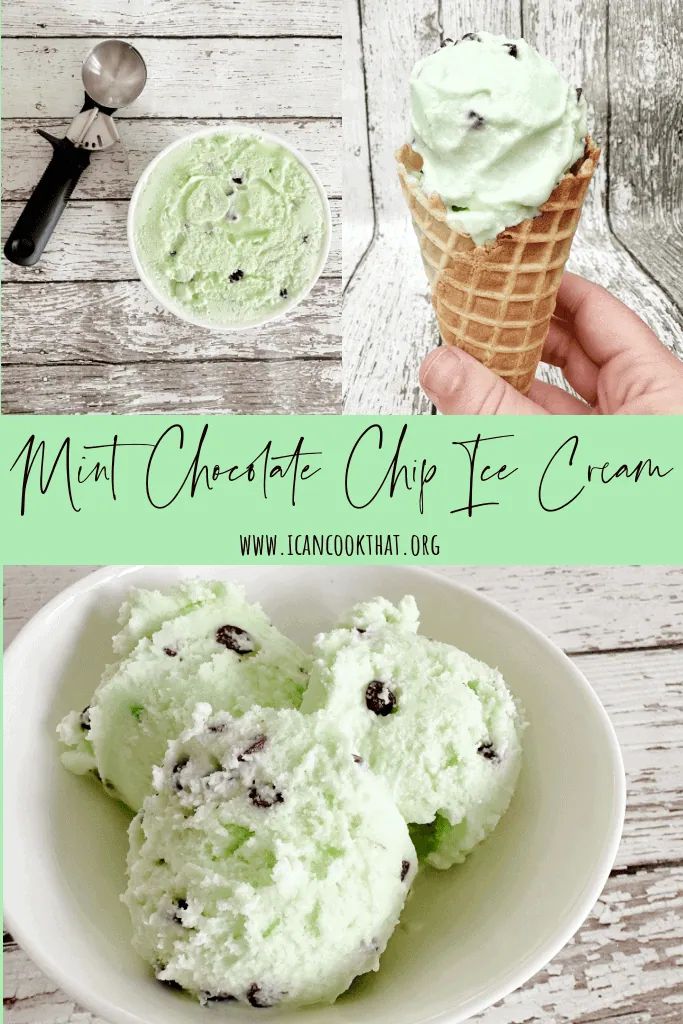 mint chocolate chip ice cream in a bowl with spoons on the side and text overlay that reads mint chocolate chip ice cream