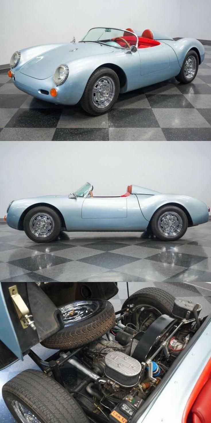 two pictures of an old blue sports car