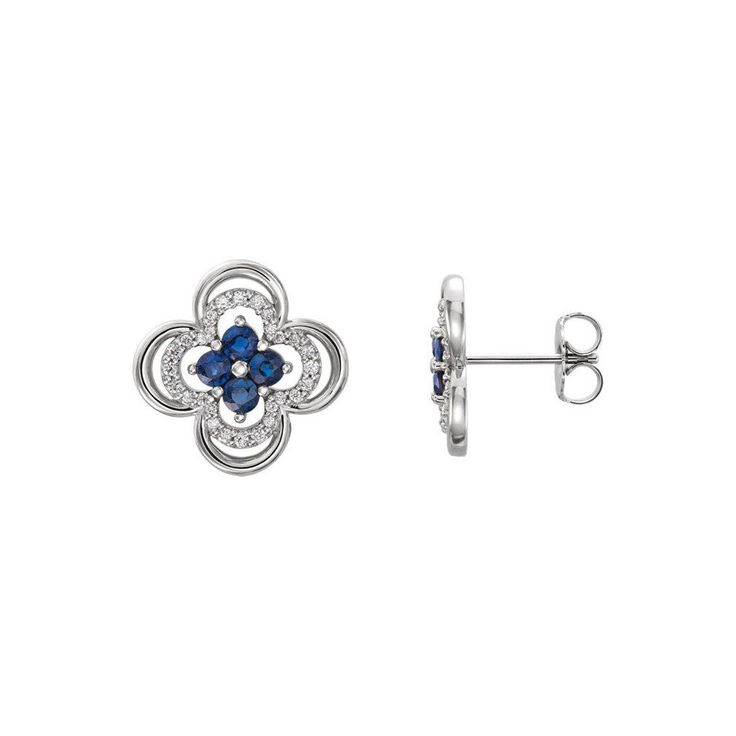 Women's earrings features 8 round blue sapphires and 56 round cut diamonds set in solid 14k white gold with push backs. Fine Jewelry Sapphire Diamond Earrings, Sapphire Diamond Accented Earrings In Fine Jewelry, Sapphire Diamond Earrings With Accents, Sapphire Earrings With Pave Setting In Fine Jewelry Style, Sapphire Earrings With Pave Setting, Blue Diamond Earrings With Pave Setting, Silver Sapphire Earrings With Pave Setting, Sapphire Diamond-cut Earrings, Sapphire Earrings With Diamond Accents