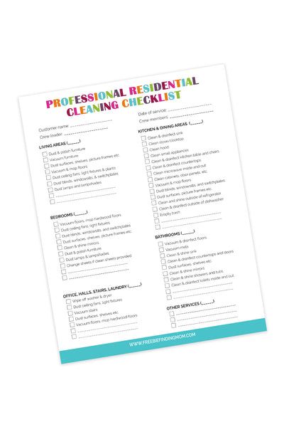 the professional residential cleaning checklist is shown on a white background with blue trimming