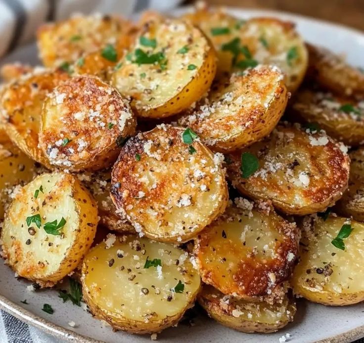 a white plate topped with fried potatoes covered in parmesan cheese and seasoning