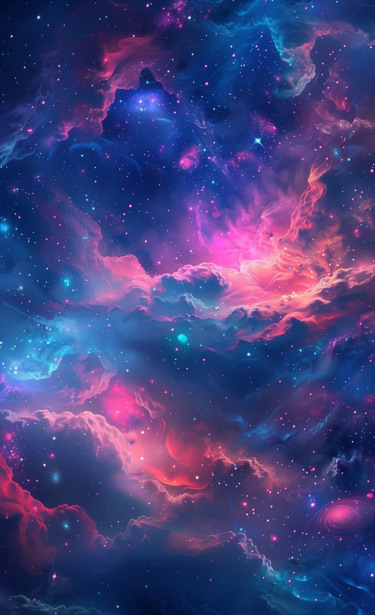 the sky is filled with colorful clouds and stars in blue, pink, and purple colors