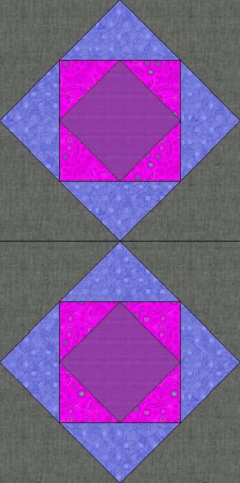 two purple and blue squares are shown in the middle of each square, with one pink rectangle at the center