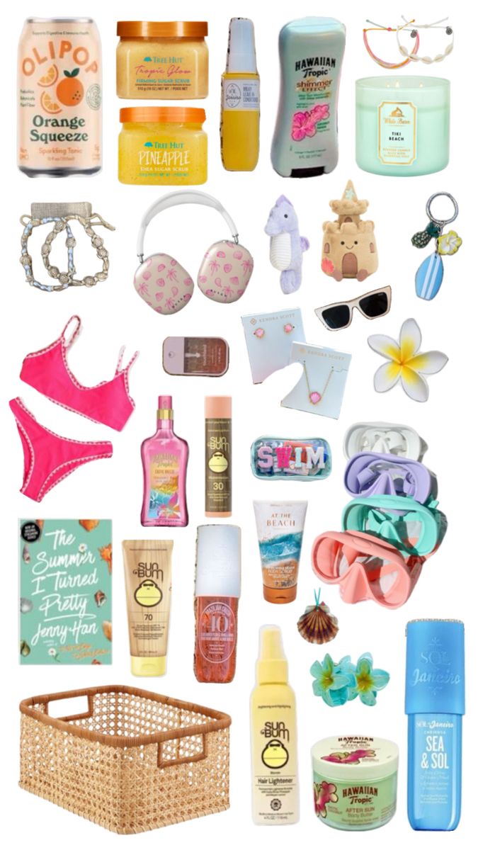 many different items are grouped together on a white background with the words summer essentials written below them