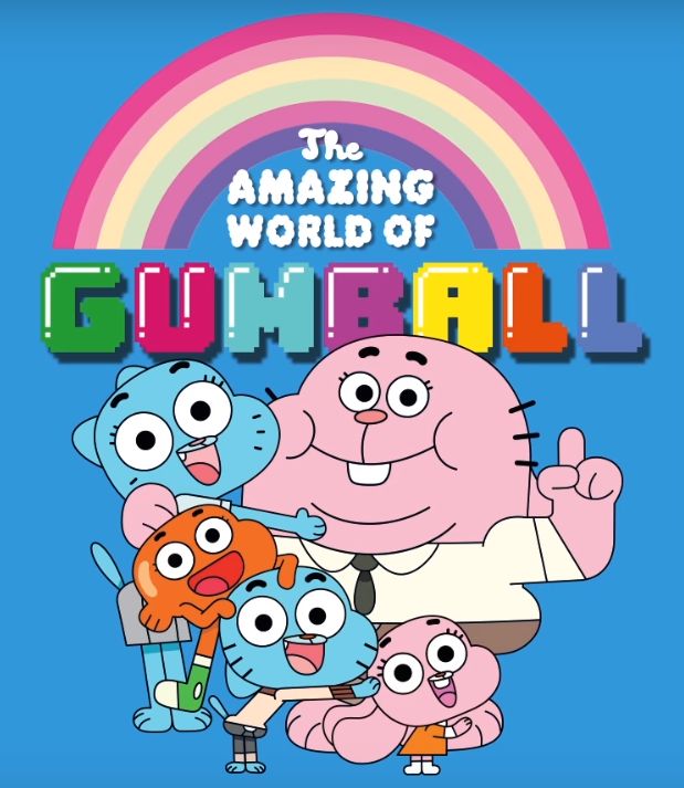 the amazing world of gumball movie poster with cartoon characters and rainbow in the background