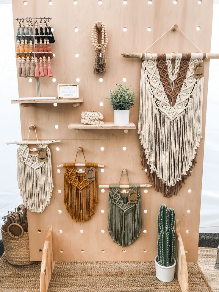 Saturday Market Macrame Booth Setup | Peg Board Display Vendor Booth Display Ideas Macrame, Macrame Market Display Ideas, Small Market Booth Display, Market Hanging Display Ideas, Peg Display Board, Macrame Retail Display, Macrame Shop Display, Saturday Market Booth Ideas, Peg Board Booth Display